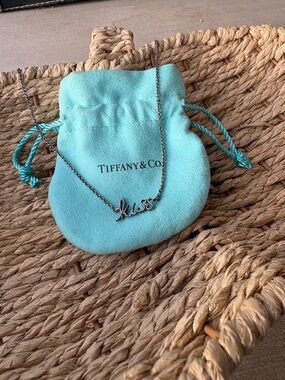 Tiffany & Co. Silver 'Kiss' Script Necklace with Tiffany Blue Pouch